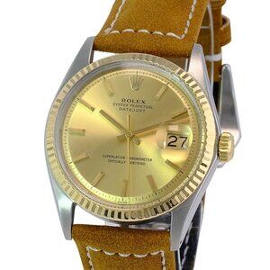 ROLEX DATEJUST CHAMPAGNE INDEX DIAL 36 MM 18KY FLUTED BROWN LEATHER WATCH 1601